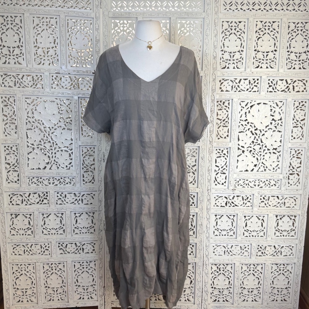 Nicke Nilgun Derman Linen Blend Gray Gingham Midi Dress Large Lagenlook Artsy